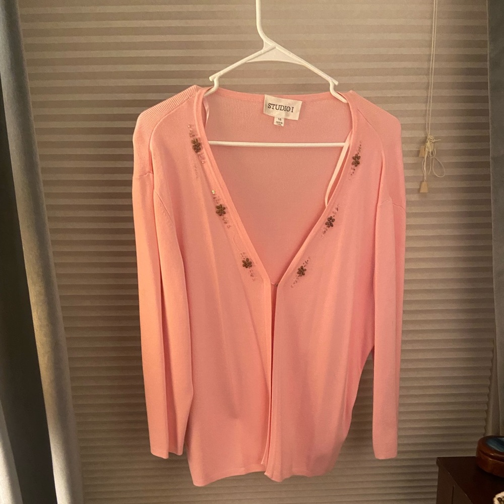 Studio I Pink Knit Cardigan with floral and beaded accents